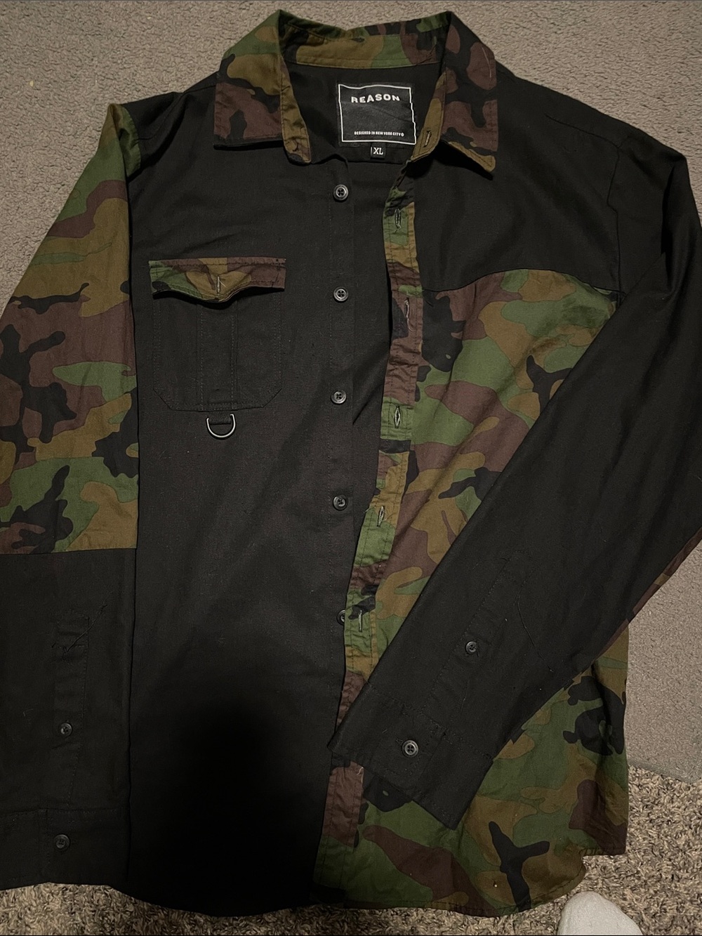 Reason Black & Green Camouflage Military-Style Button Shirt Jacket